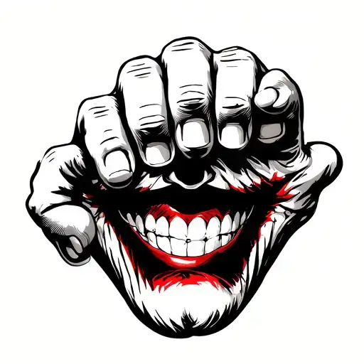 Thing (Addams fam) fingers up, doing a classy fuck (other fingers half folded) with joker smile tattoo on back of hand + tattoo design idea