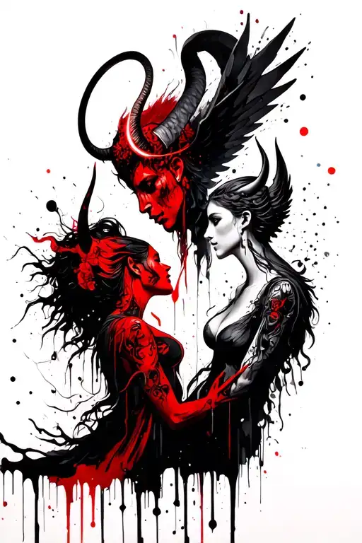 devil with halo and angel with horns facing each other  tattoo design idea