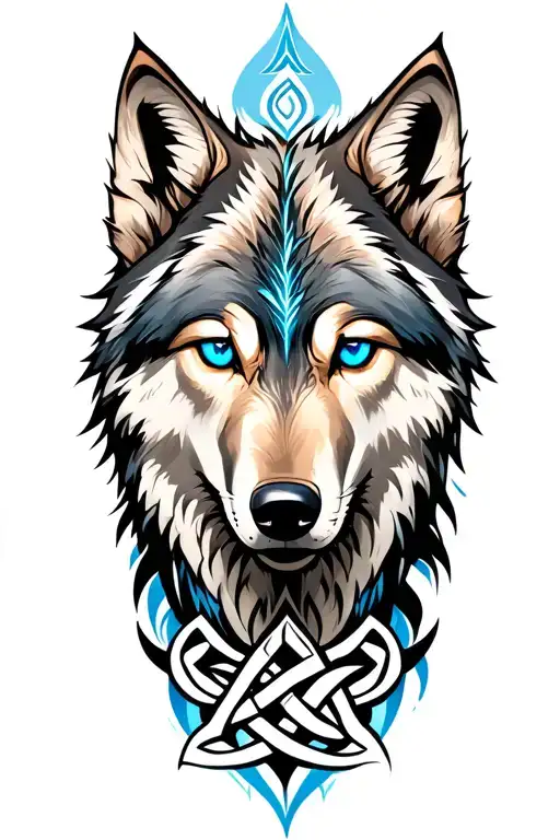 wolf with blue eyes on armor tattoo design featuring Celtic trinity knot  tattoo design idea