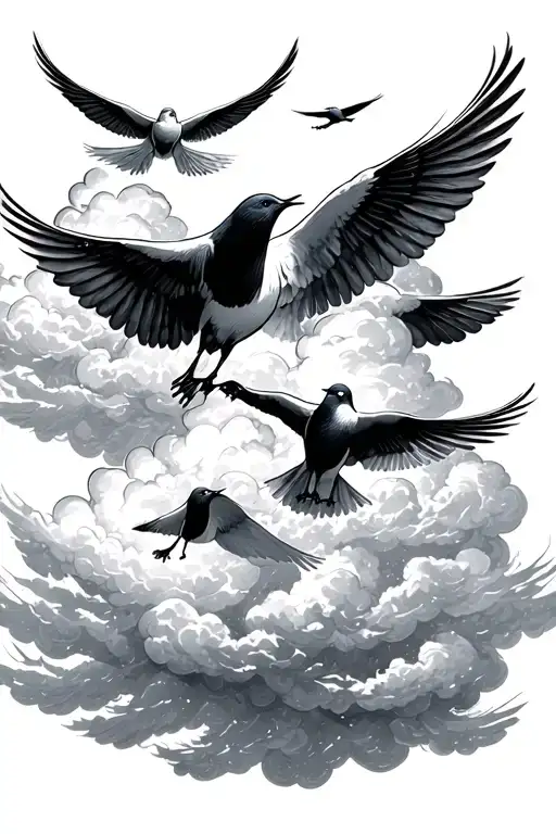 clouds, doves flying, peaceful scene tattoo design idea