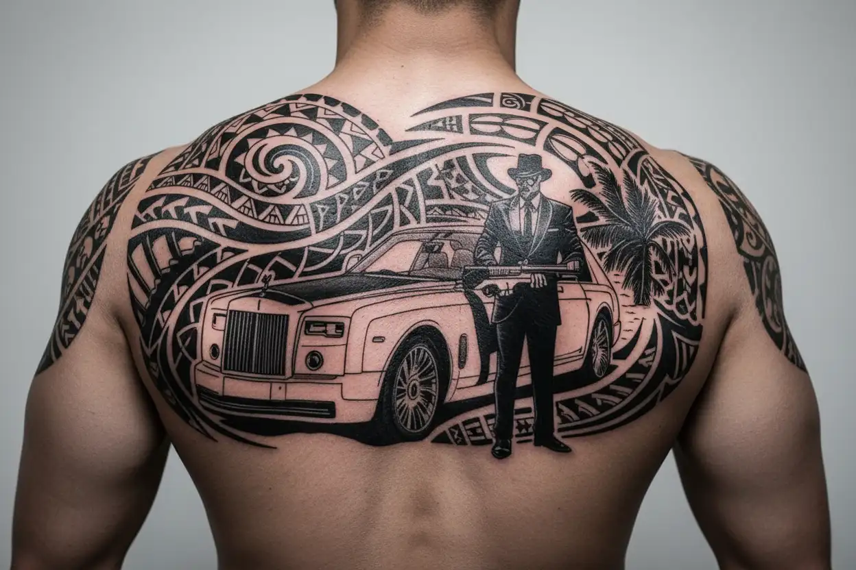 Mafia person standing with a rifle with both hands in suit on the bottom there is a rolls royce phantom on the beach tattoo design idea
