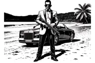 Mafia person standing with a rifle with both hands in suit on the bottom there is a rolls royce phantom on the beach tattoo design idea