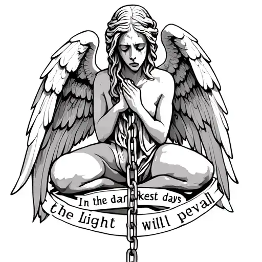 Weeping angel holding chain crying on knees as a tattoo with the words in the darkest days the light will prevail tattoo design idea