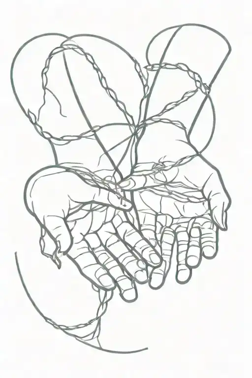 two hands holding the ends of string of life from the Fates's myth tautly and straight, and third hand about to cut it tattoo design idea