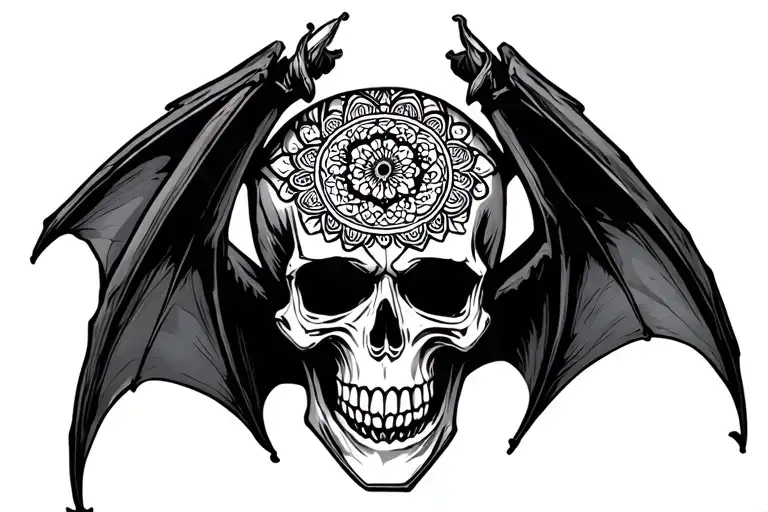 skull head with bat wings spread with mandala design incorporating tattoo design idea