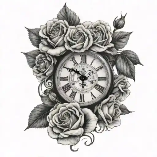 woman face with blue eyes with one clock up on time 22:45 black and white with roses  tattoo design idea
