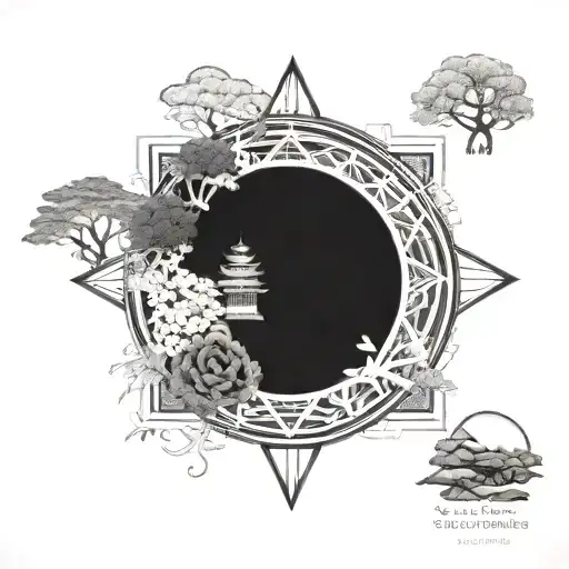 A mandala incorporating elements of bhuddism, japanese landscape, human conciousness and quantum physics tattoo design idea