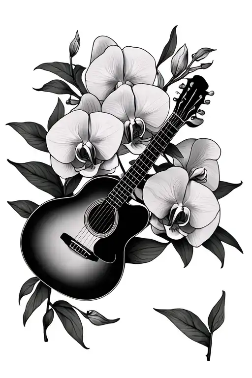 memorial tattoo with guitar surrounded by orchids tattoo design idea