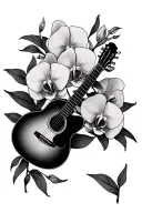 memorial tattoo with guitar surrounded by orchids tattoo design idea