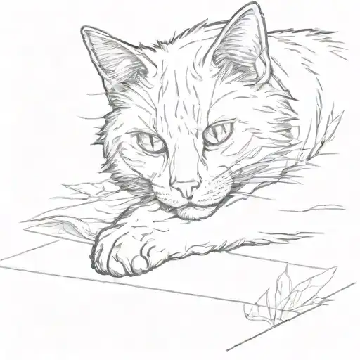 a cat lying on the ground and drawing on a paper tattoo design idea