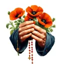 Hands of an old man holding rosary beads and poppy flowers tattoo design idea