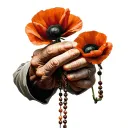 Hands of an old man holding rosary beads and poppy flowers tattoo design idea