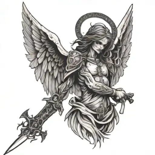 fallen angel of death with sword tattoo design idea