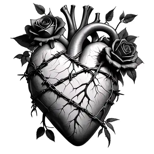 A realistic anatomical heart, wrapped in barbed wire and cracked open, with black roses growing out of it. In the center tattoo design idea