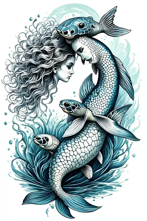 mermaid and sea turtles and koi fish tattoo design idea