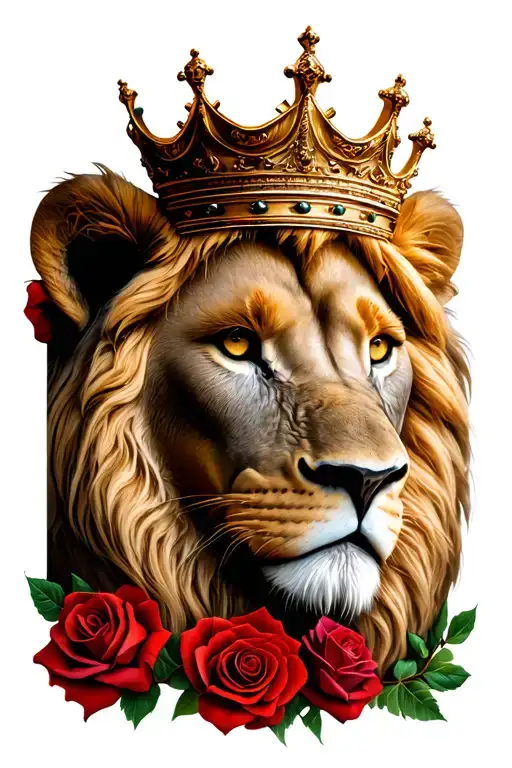 lion face with crown surrounded by bold roses tattoo design idea