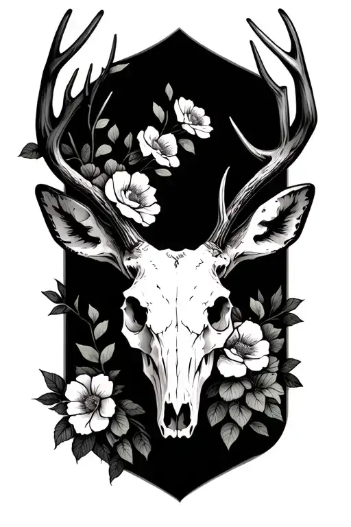 deer skull with flowers around it  tattoo design idea