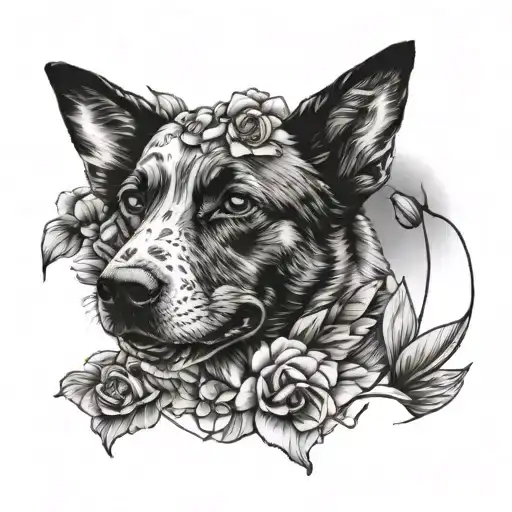 Australian cattle dog ears outline and flowers tattoo design idea