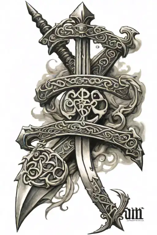 sword intertwined, aum symbol, date 21121958 tattoo design idea