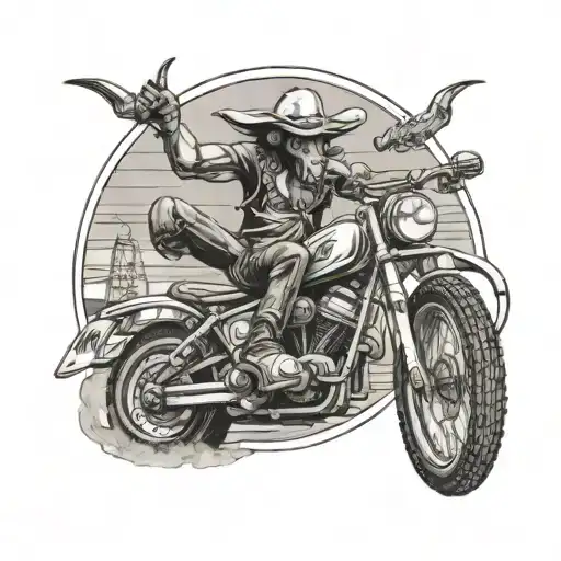 texas longhorn riding a dirtbike drinking a corona with oil rigs in the background tattoo design idea