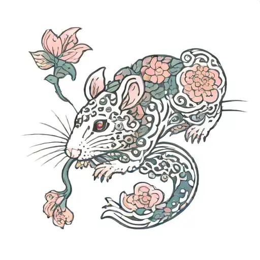 a white rat with gray spots,pink tail,with big ears.A rat eats a carrot.The rat is surrounded by flowers.The rat is cute tattoo design idea