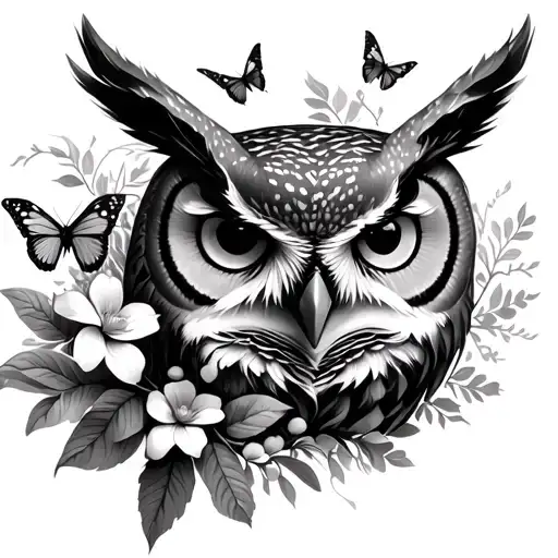 realistic big horn owl face with flowers and butterflies flying tattoo design idea