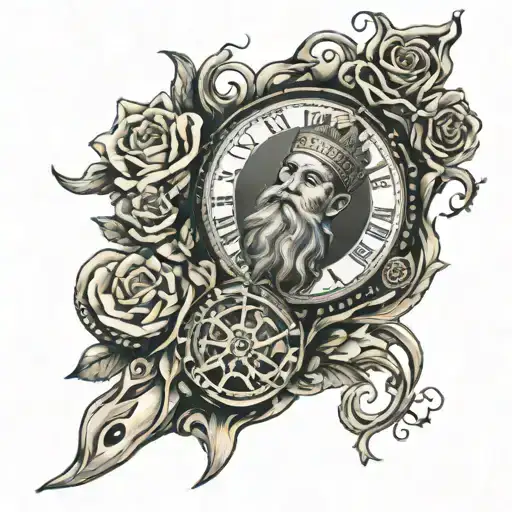 religious God, hand held watch sleeve  tattoo design idea