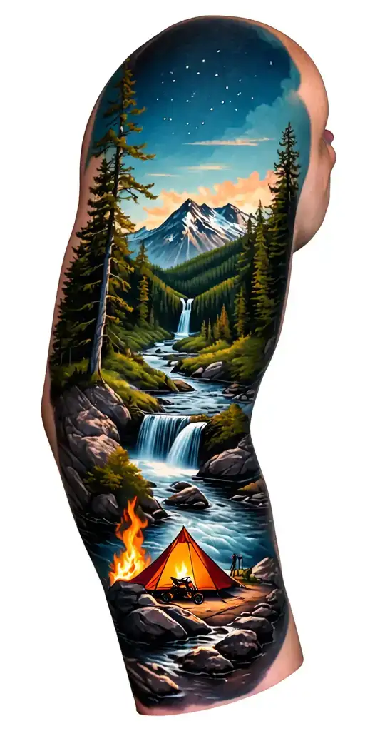 in triangle, depicting mountains; waterfall; river; forest; camping scene with a dome tent, fire, and a Suzuki DRZs.  tattoo design idea