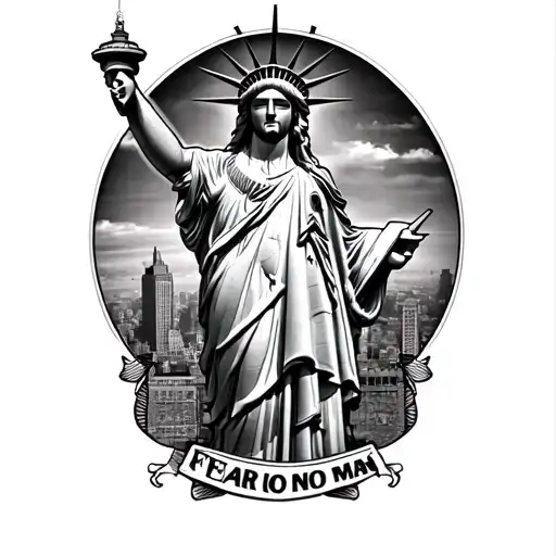 sleeve tattoo New York City 718 Jesus Christ Statue of Liberty happiness fear no man tattoo design idea