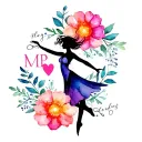 hand painted watercolor flowers with a silhouette of a female lyrical dancer, a heart, and the initials MP tattoo design idea
