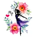 hand painted watercolor flowers with a silhouette of a female lyrical dancer, a heart, and the initials MP tattoo design idea
