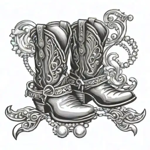  black and white tattoo with a cowboy boot and spurs attached to it, with a design of a pearl necklace on the boots tattoo design idea