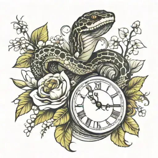 snake that wraps around roman numeral clock with wildflowers  tattoo design idea