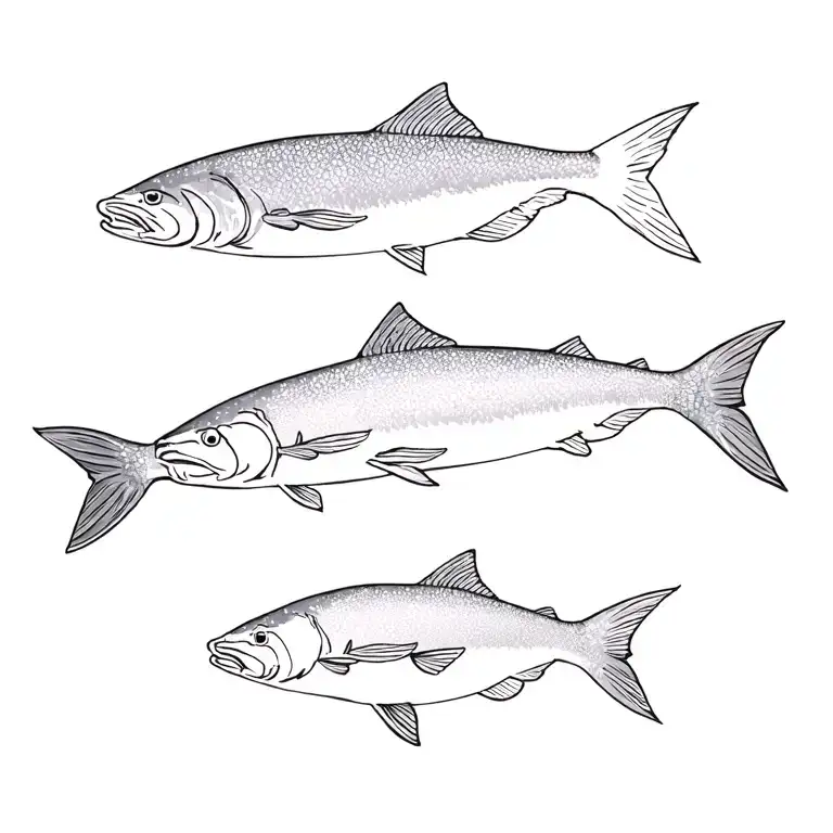 Horizontal row of 4 salmon swimming, one of each spawning pacific species: sockeye, coho, chinook, chum and pink tattoo design idea