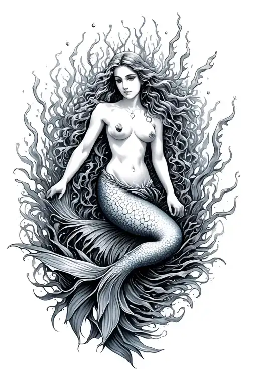 underwater scene, Aphrodite mermaid, surrounded by seaweed tattoo design idea