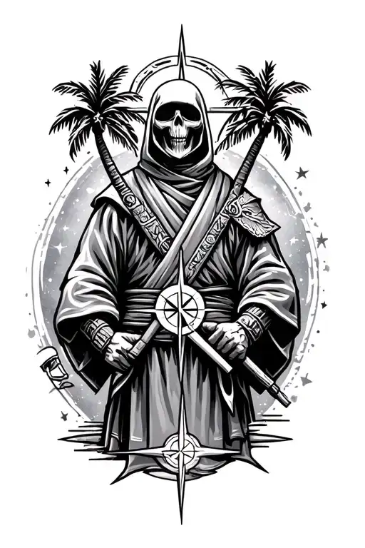 warrior strength, grim reaper, judo gi, compass, palm trees, family, love. peace, universe  tattoo design idea