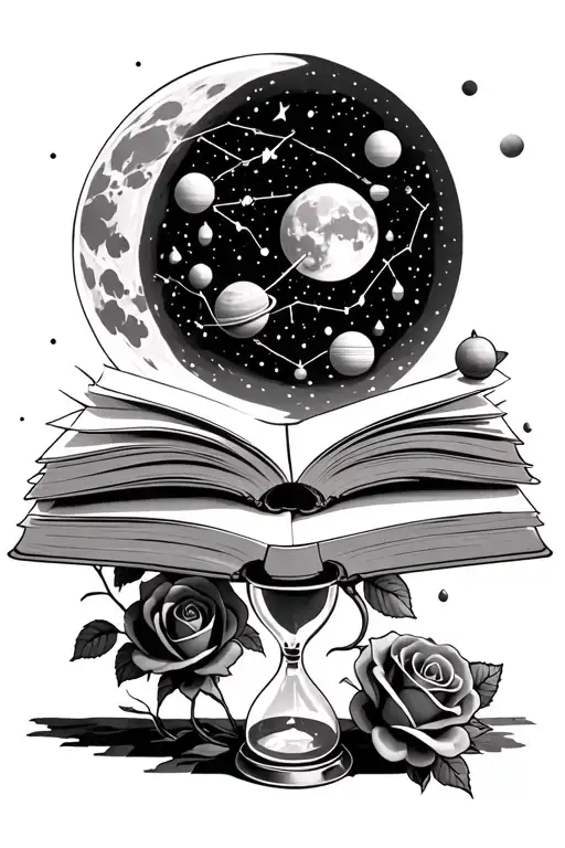 book opening up to a full moon with Gemini constellation, time hour glass, roses, Halloween and planets  tattoo design idea