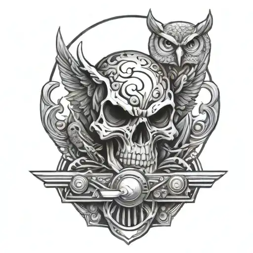 skull, Harley Davidson motorcycle, owl tattoo design idea