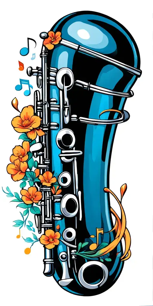 clarinet with notes flying around it  tattoo design idea