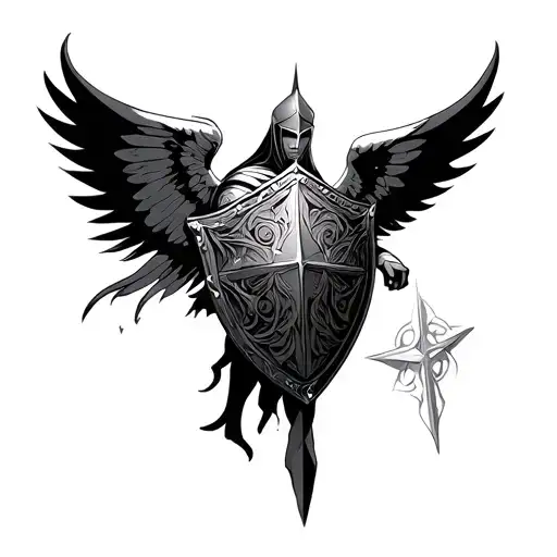 Archangel with a knight's spell and a tribal -style templar shield tattoo design idea