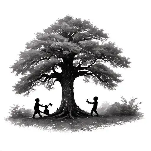 old oak tree in the fall with two children playing tattoo design idea
