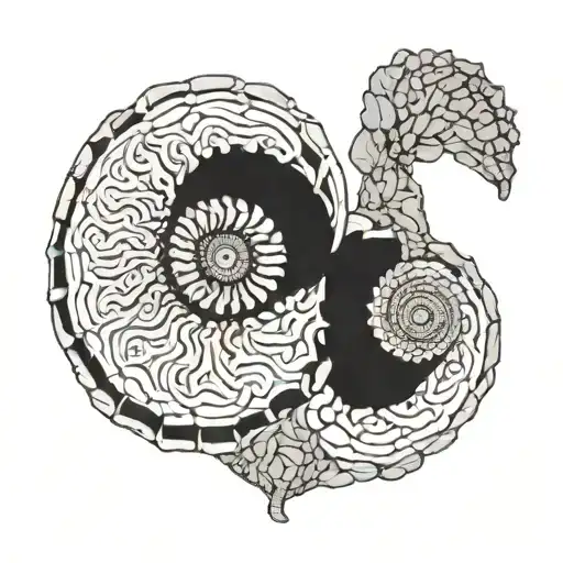 A detailed blackwork tattoo of a fossilized ammonite intertwined with a mountain range, symbolizing your love for both micropaleontology and trekking tattoo design idea