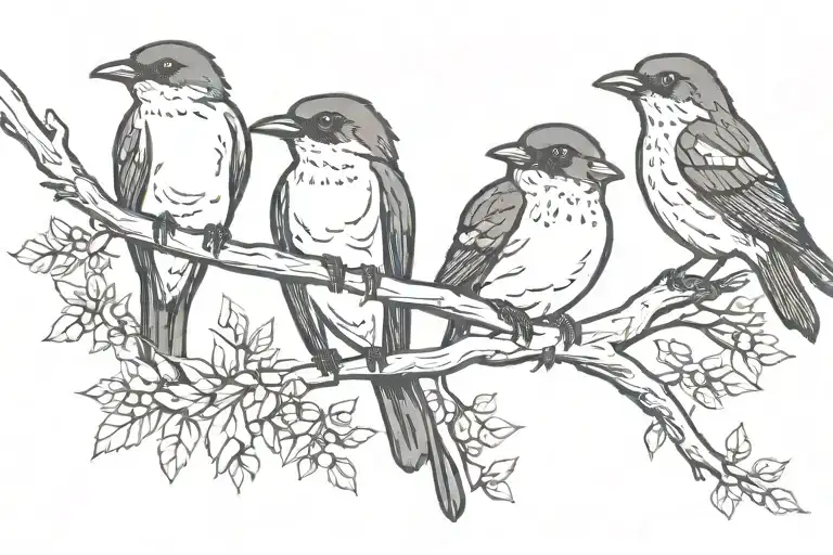 3 birds sitting on the branch snuggled up to one in the middle. all facing the same way he went in the middle bigger tattoo design idea