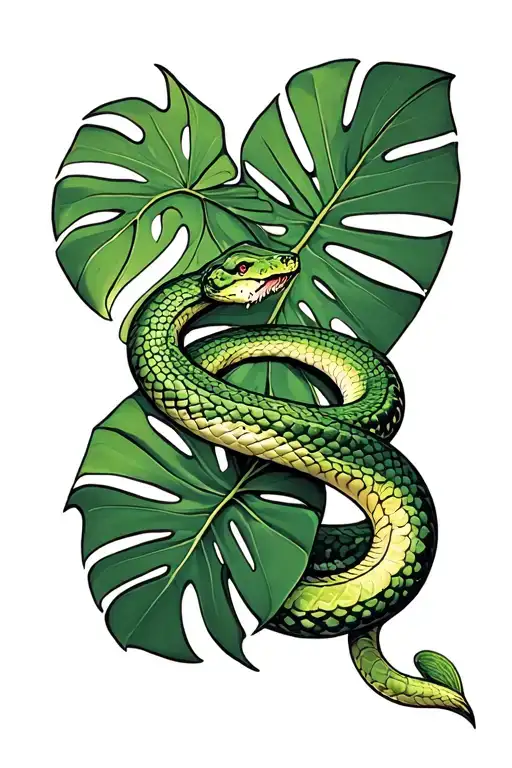 variegated monstera leaf and snake intertwined within tattoo design idea