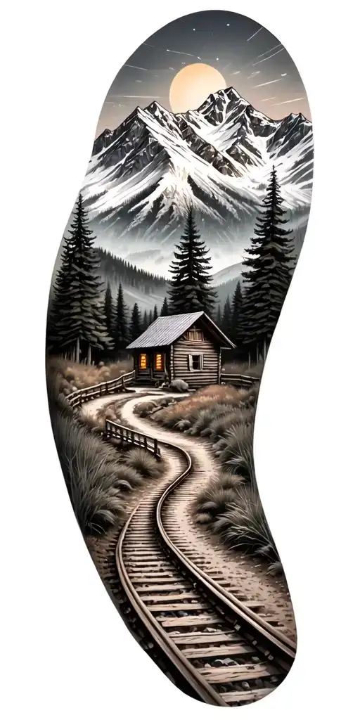 Mountain cabin and rail winding road leading tattoo design idea