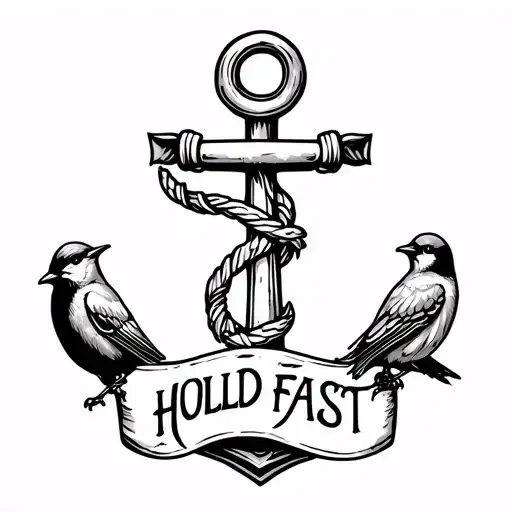 sailor jerry fouled anchor with banner wrapped loosely with held fast written on banner surrounded by sparrows tattoo design idea