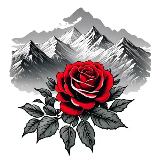 mountains, red rose, Himalayan prayer flags tattoo design idea