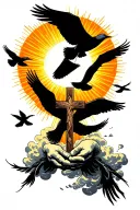 clouds with rays of light shining through, birds flying towards the sun, a pair of praying hands holding a cross necklac tattoo design idea