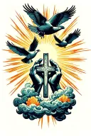 clouds with rays of light shining through, birds flying towards the sun, a pair of praying hands holding a cross necklac tattoo design idea