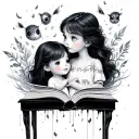 magical book explosion of whimsical creatures with daughter in awe tattoo design idea